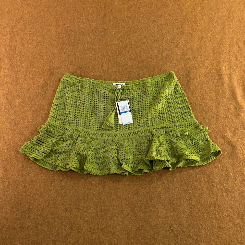 Miken Womens XL Green Crochet Fringe Tassel Ruffle Mini Skirt NWT
